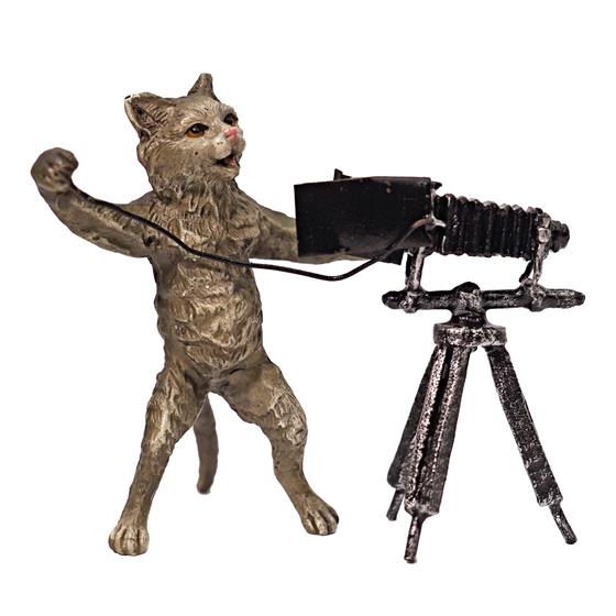 Bronzová soška kočky s fotoaparátem                                