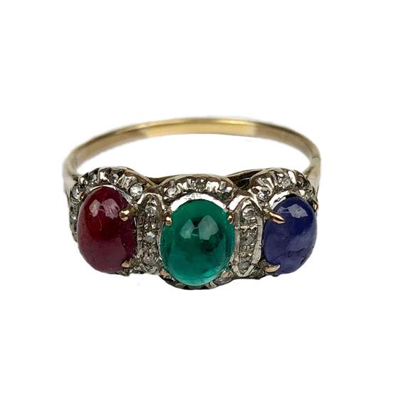 Zlatý prsten se safírem, rubínem,  smaragdem a diamanty
