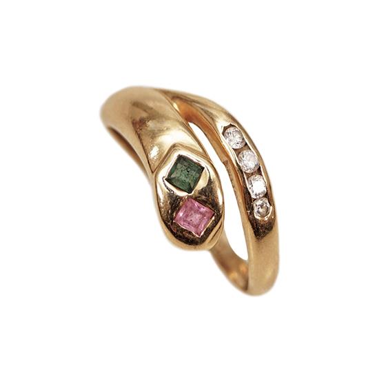 Zlatý prsten se zirkony, zeleným a růžovým kamenem