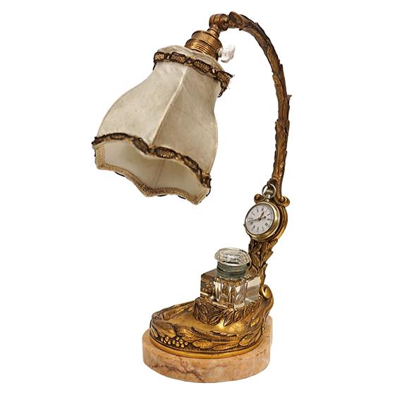 Bronzová stolní lampa s kalamářem a stojanem na hodinky