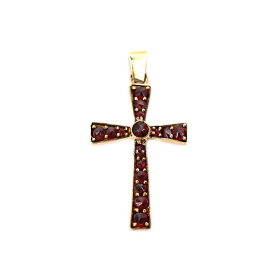 Zlatý starožitný křížek s českými granáty